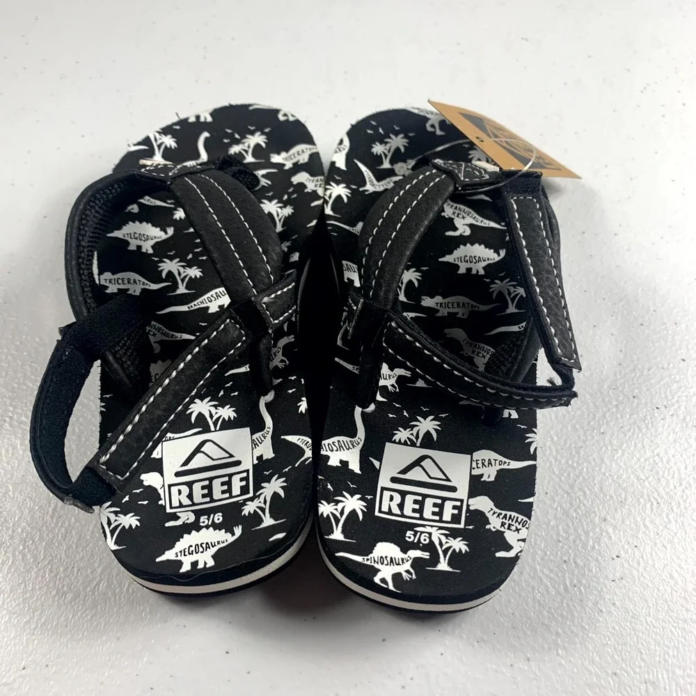 Reef Little Ahi Thong Kids 5-6 White Dino Black Printed Flip Flop Beach‎ Sandals